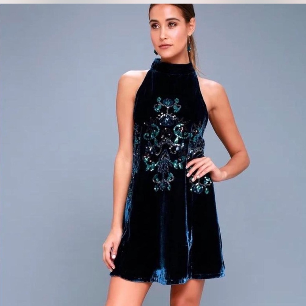 FREE PEOPLE Blue‎ Jill's Sequin Velvet Swing Mini Dress Sz S Skull Goth Boho